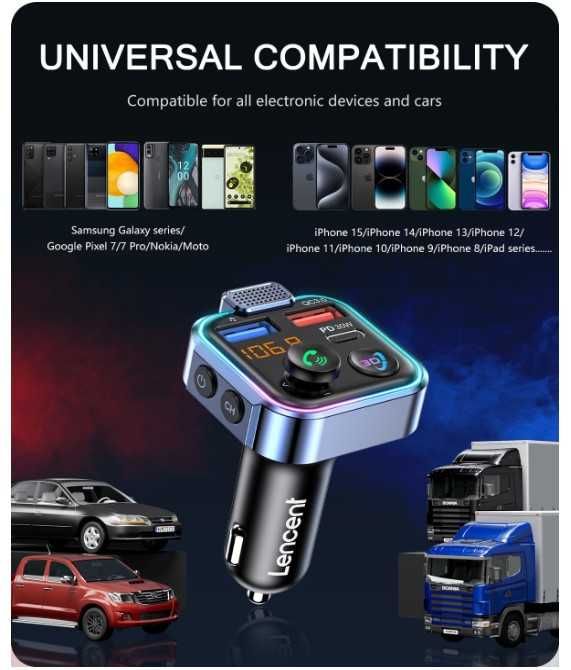 Transmiter samochodowy Bluetooth FM, szybka ładowarka LENCENT BT23R