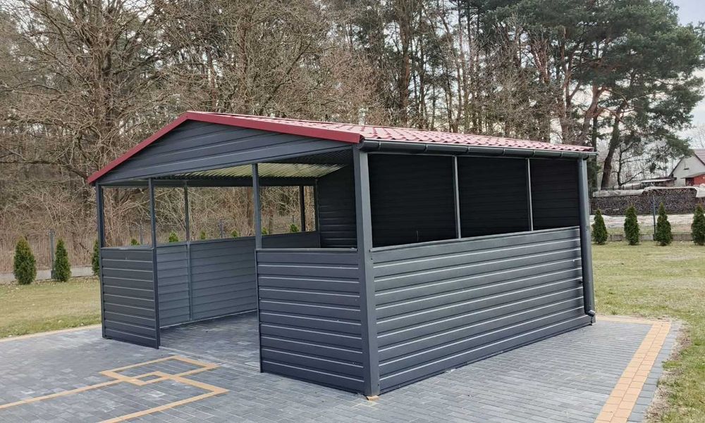 Wiata Śmietnikowa 6x5 Ciemny Grafit MAT Dach dwuspadowy Ciemna Wiśnia