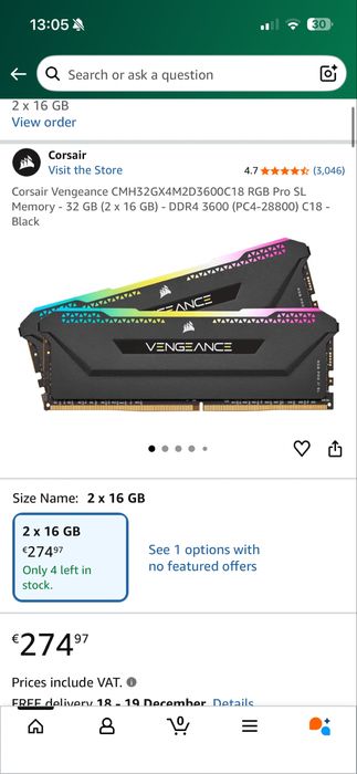 Corsair Vengeance RGB Pro SL 32GB DDR4-3600 C18 Black