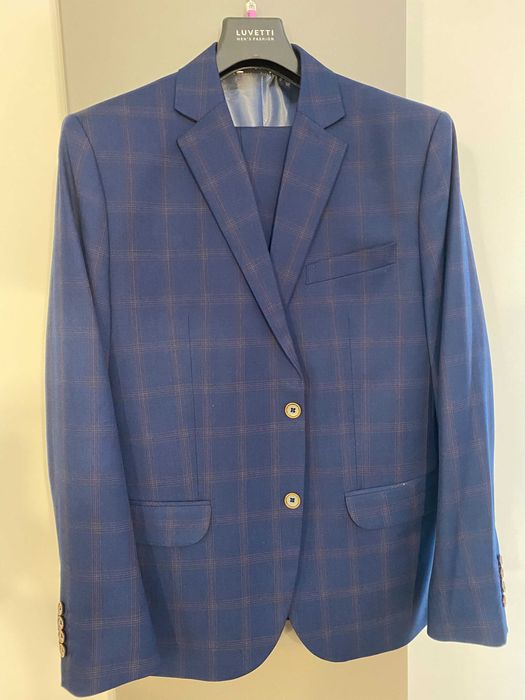 Garnitur męski granatowy w brązową kratkę LUVETTI 182/52/pas 94