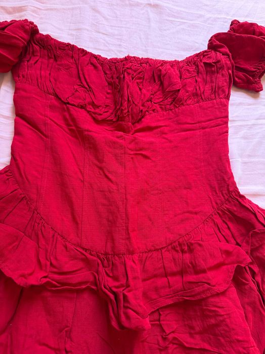 Vestido My Dearest Vermelho Framboesa Novo Tamanho S My Dearest Raspberry Red Off-Shoulder Linen Blend Dress