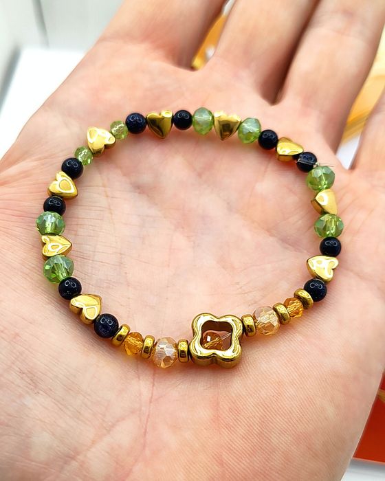 Bransoletka PREZENT | Serduszka Koniczyna Hematyt Crystal Beads