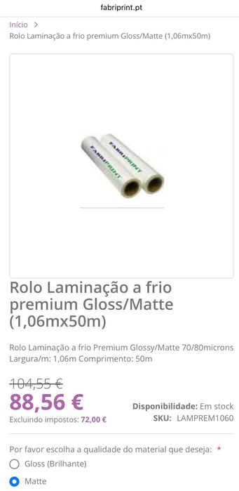Rolo Laminação a frio premium Matte (1,06mx50m)
