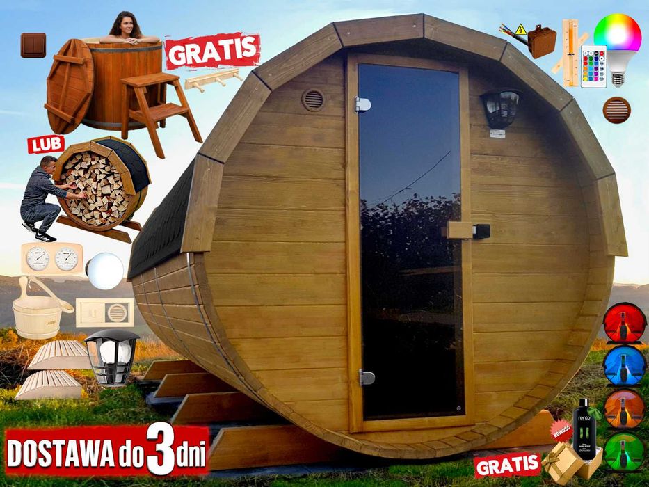 SAUNA Ogrodowa 400 cm + GRATIS Beczka / Wiata + Akcesoria