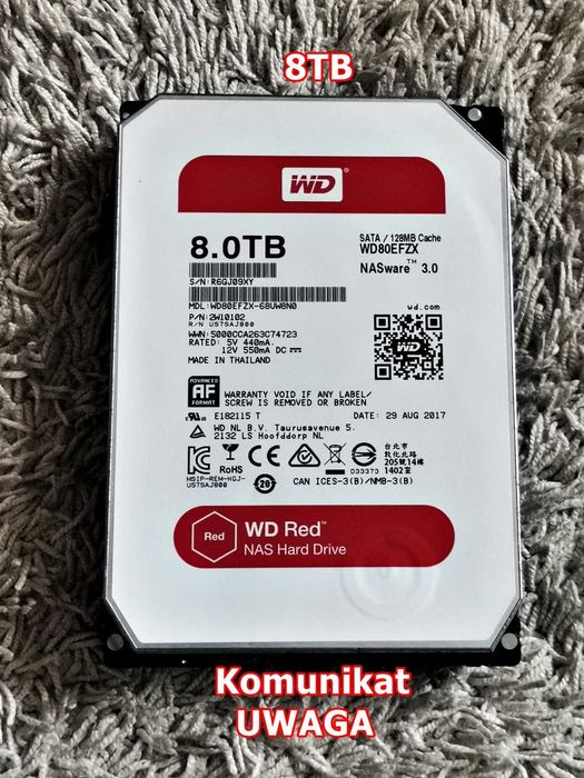 HDD 8TB WD ReD 3.5" - Komunikat Uwaga