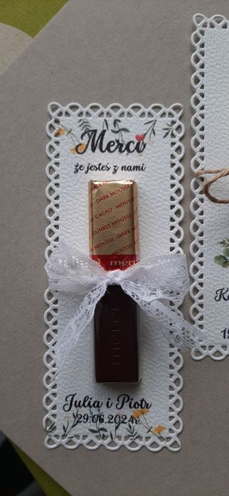 Merci podziękowanie etykieta upominek Komunia ślub urodziny