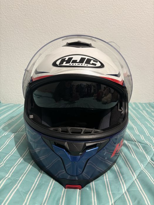 Capacete HJC branco azul e vermelho