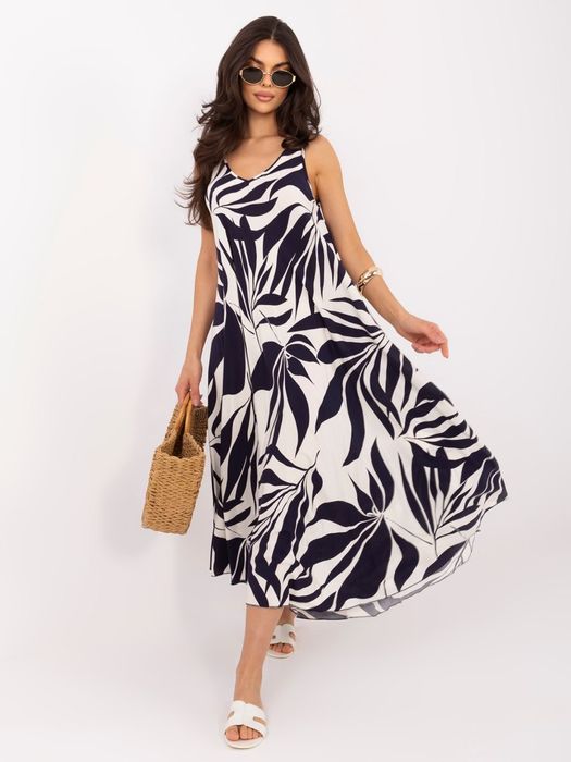 Granatowa Sukienka Maxi Damska Wiskoza Letnia Boho Dekolt V Print Italy Moda