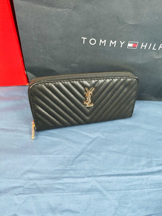 Portfel damski duży YSL prążkowany Yves Saint czarny premium