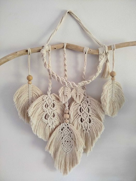 Makrama liście na ścianę beż