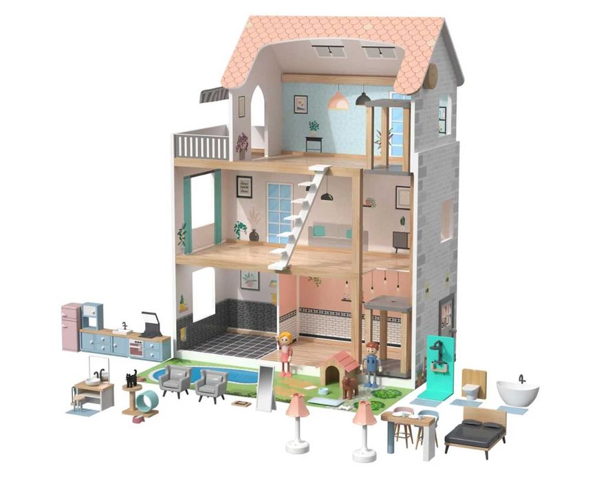 Domek dla lalek willa dzieci LED lalki XXL 3xpiętro DREWNO winda DEMO