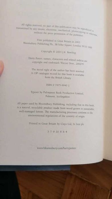 Livro Harry Potter and the Order of the Phoenix, 1a edição