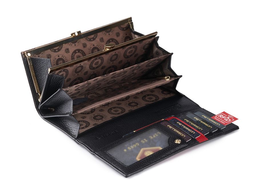 duży skórzany portfel damski z portmonetką na bigiel rfid - peterson