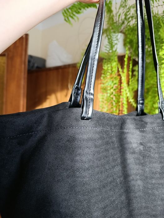 Czarna torba shopper torebka welurowa shopperka