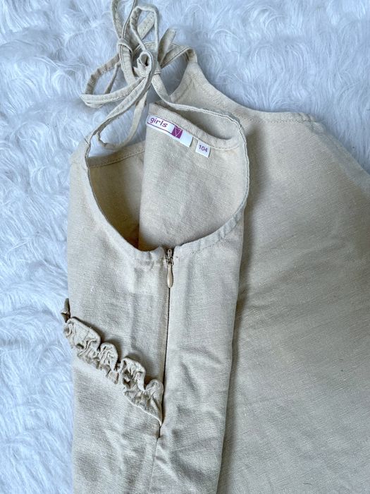 Bluzka crop top na beżowy elegancki dziewczęca len bawełna 104 cm