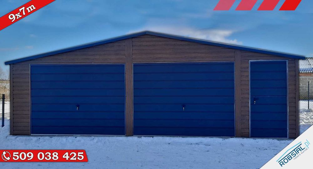 Garaż Blaszany 9x7 drewnopodobny, bramy uchylne