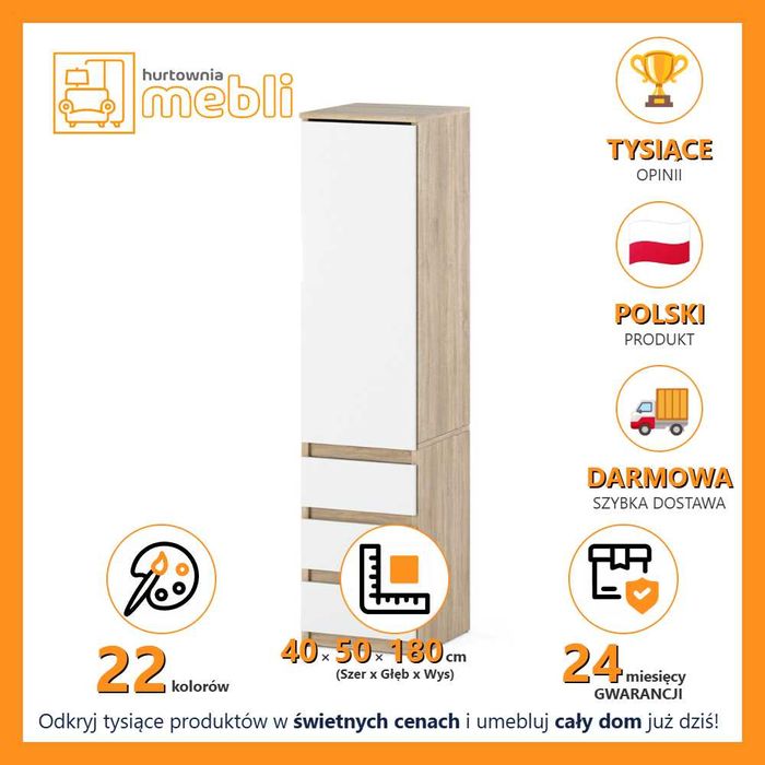 Szafa Nowoczesna Posti 40cm Garderoba Słupek Z 3 Szufladami Pojemny