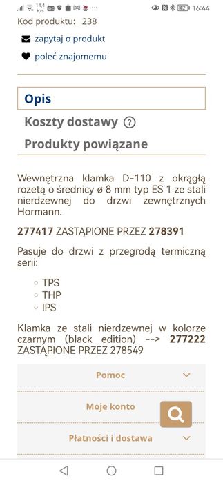 Klamka Hormann do drzwi że stali nierdzewnej