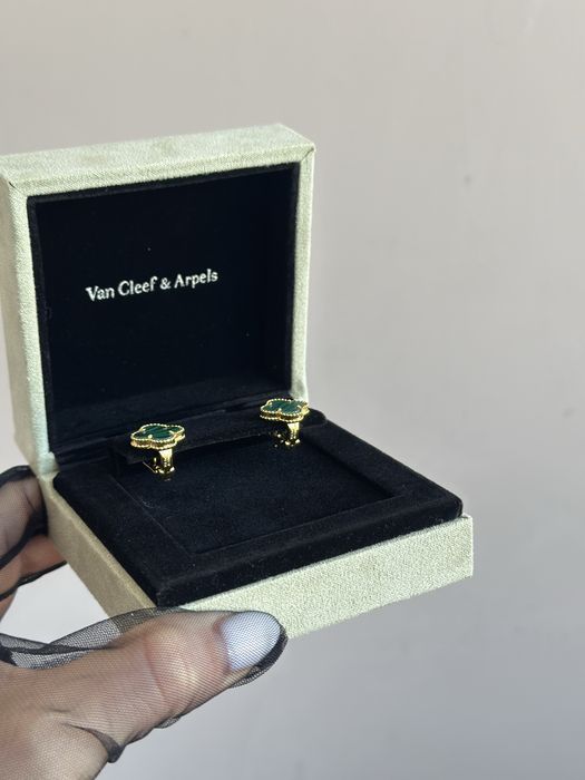 Нові срібні сережки Van Cleef Ван кліф в лимонній позолоті з малахітом