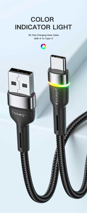 Кабель Essager 3A USB Type C - 2 м. в оплётке с индикатором (новый).