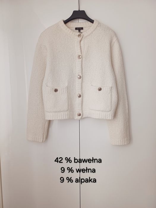 Massimo Dutti kardigan ze złotymi guzikami bawełna wełna ecru jasny