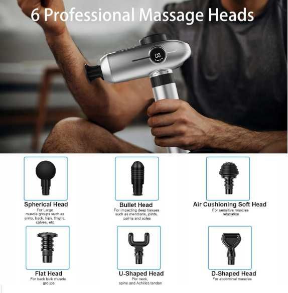 Pistolet do masażu Invdely 6 głowic masujących 30 poziomów prędkości