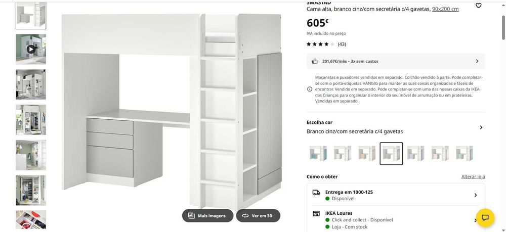 Cama alta IKEA SMASTAD com roupeiro e secretária