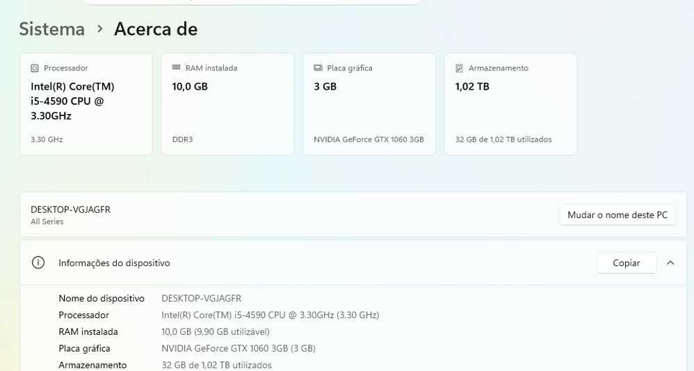 PC Gaming Torre i5-4590 + GTX 1060 3GB + 10GB RAM + 1TB + 120GB SSD Armazenamento
