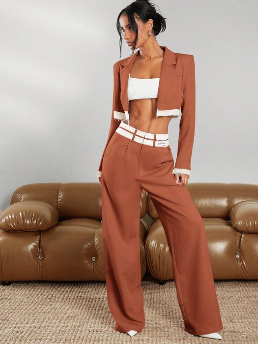 Komplet Elegancki Marynarka +Spodnie Z Szerokimi Nogawkami Haute S 36