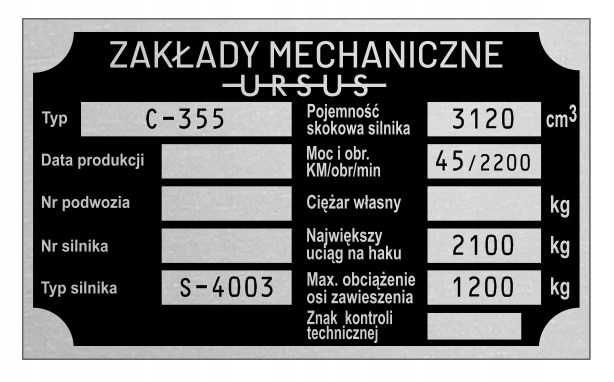 Tabliczka znamionowa Ursus C-330 C-360 C-4011 C-355