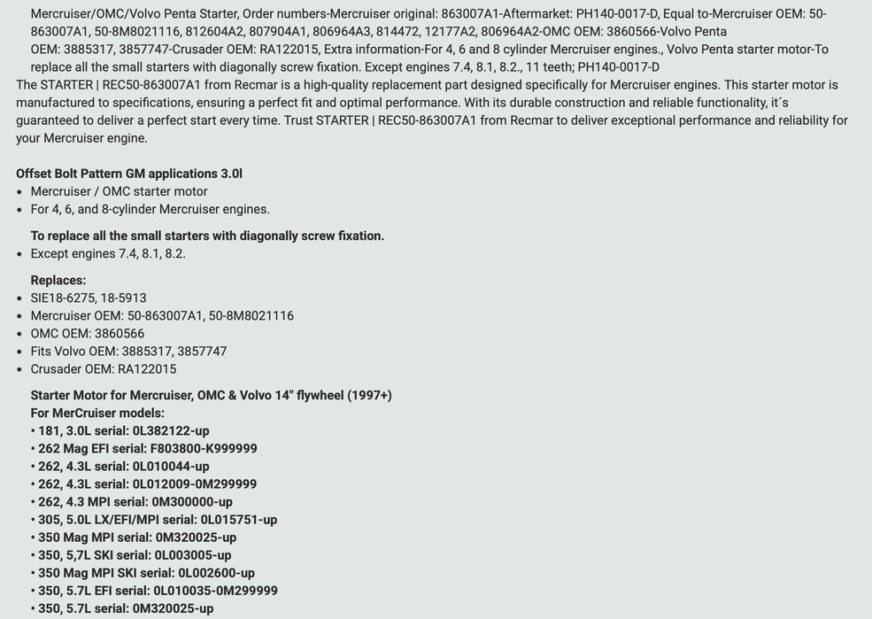 Motor Arranque Barco Mercruiser/OMC/Volvo Penta Starter