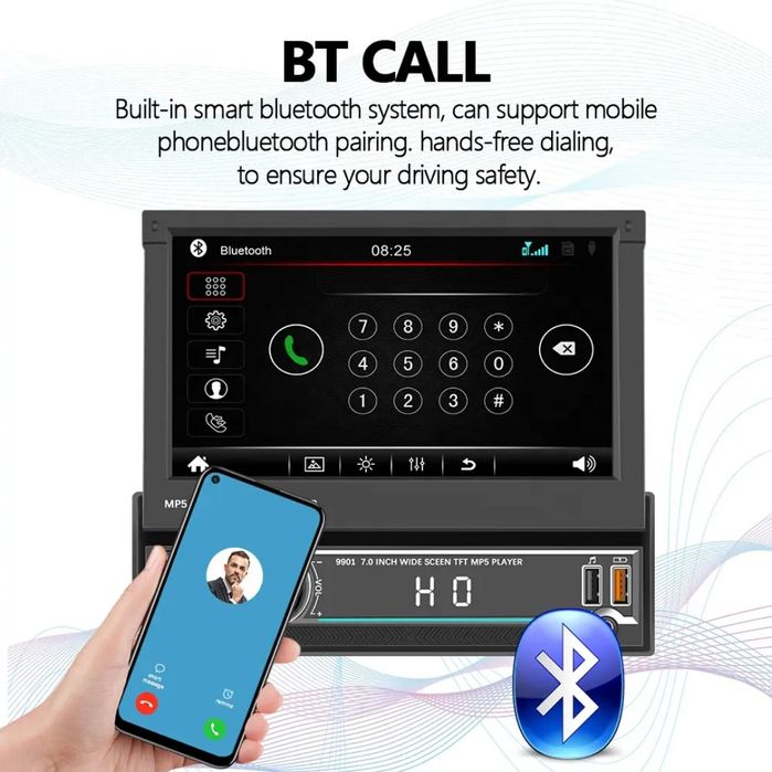 Rádio 1din 7" Retrátil Bluetooth Dual USB Fast Charging Mirrorlink FM