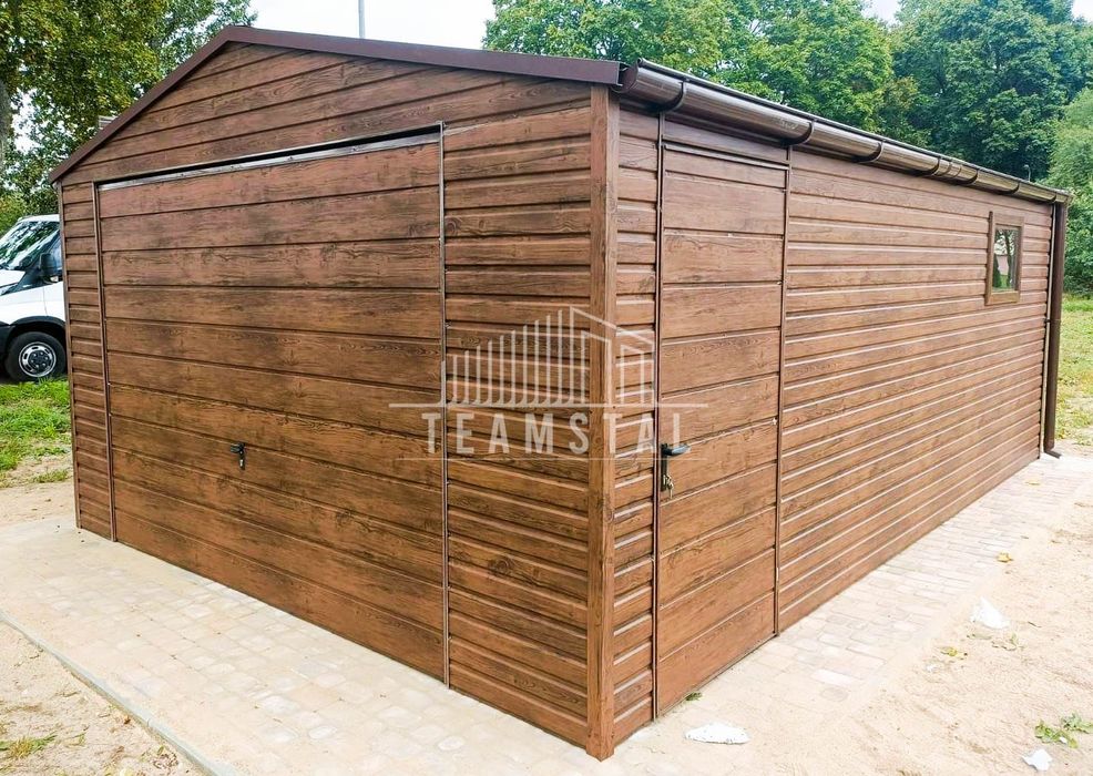 GARAŻ BLASZANY 4m x 6m -  Drewnopodobny Brama drzwi + okno TS211