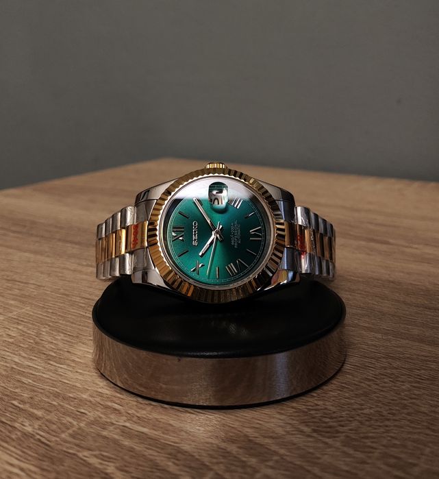 Seiko MOD Datejust Zielony Srebrny Złoty President Custom Nowy