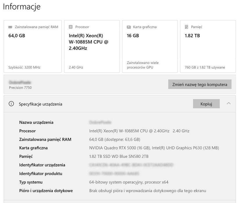 Dell Precision 7750 XEON W-10885M 64GB 2TB SSD RTX5000 UHD MAT W10PRO