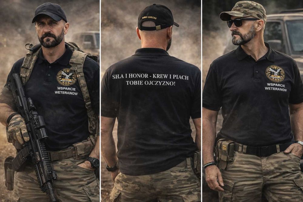 Wojskowa koszulka Polo, Wsparcie Weteranów, Czarna, Fundacja Airo Grom