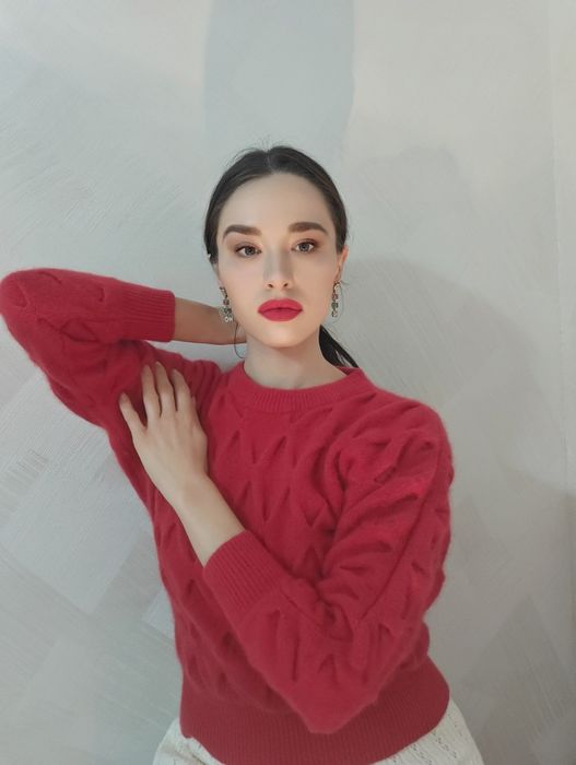 Gruby czerwony sweter Lambs wool angora rabbit hair knitwear
