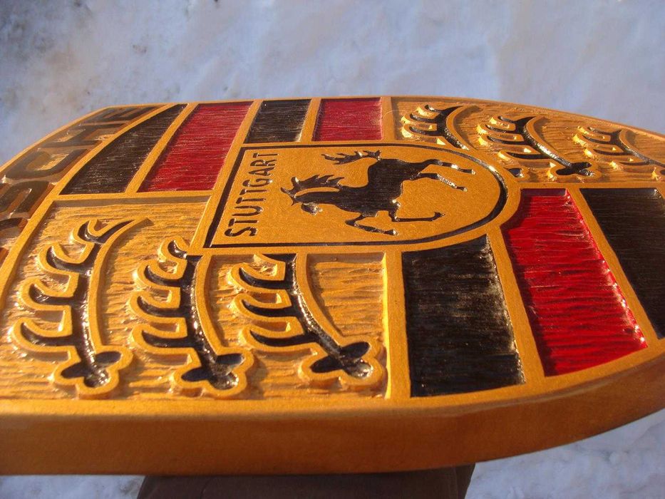 Porsche Ręcznie rzeźbione logo w drewnie. UNIKAT