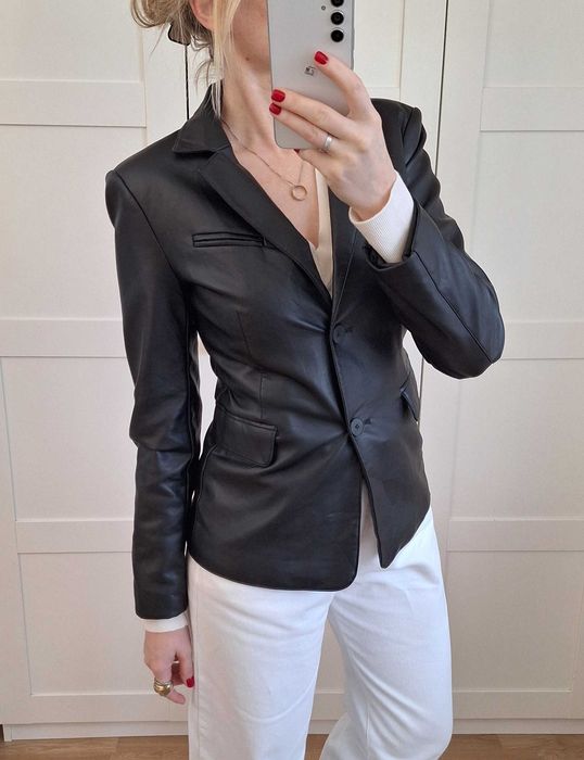 Czarna Marynarka Żakiet Blejzer Imitacja Skóry Eko Skóra Stradivarius