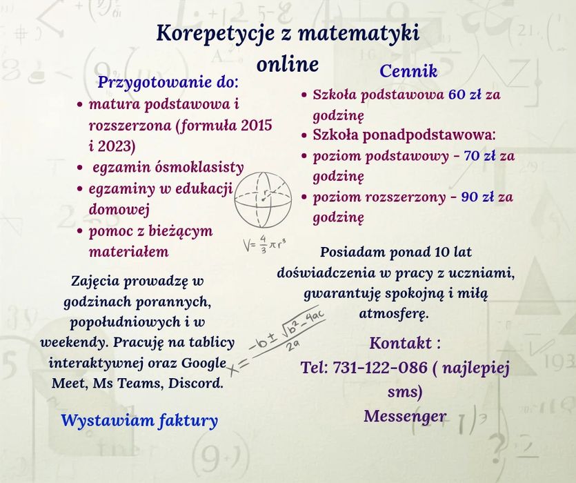 Korepetycje z matematyki online, przygotowanie do matury, egzaminów, sprawdzianów.