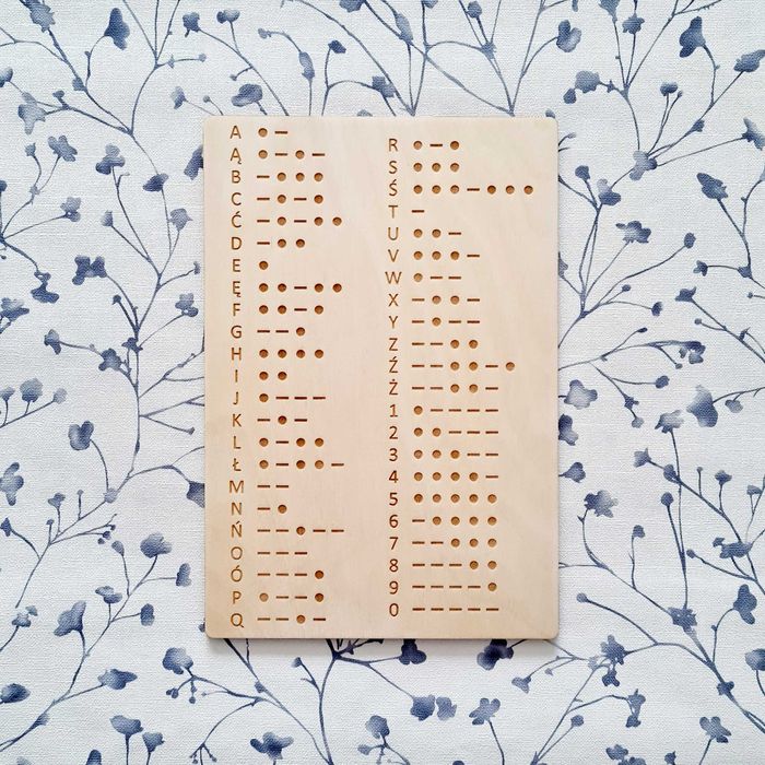 Alfabet Morse'a polski, kod Morse'a, drewniana tabliczka