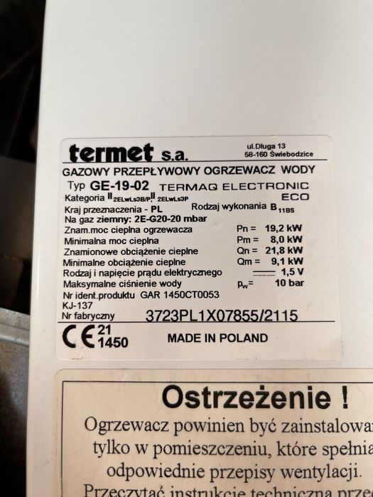 Gazowy przepływowy ogrzewacz wody Termet