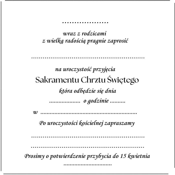 Zaproszenie na Chrzest Święty dla gości Uroczystość