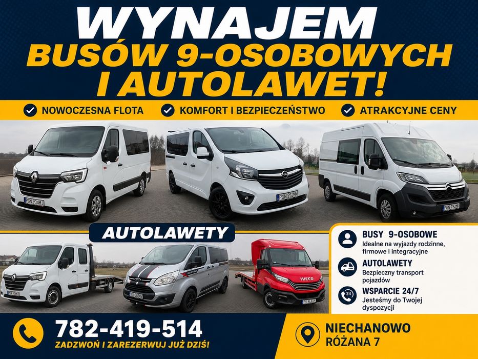 Wypożyczalnia Wynajem Busów Bus 9 Osobowy Autolaweta Pomoc Drogowa