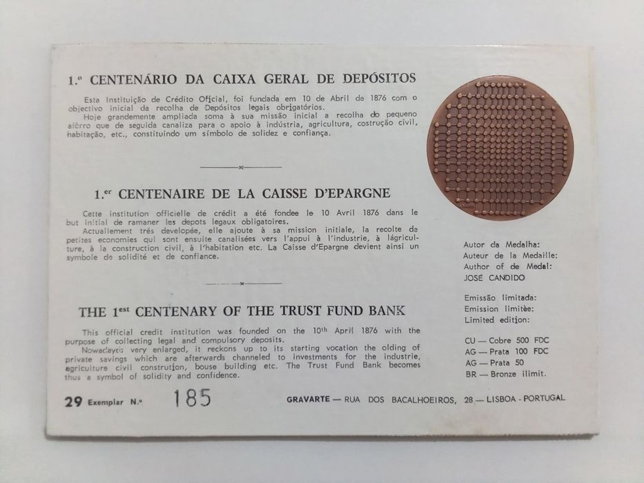 Filo-Medalhística - Centenário da Caixa Geral de Depósitos