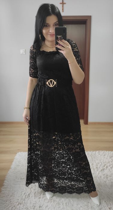 Sukienka długa maxi czarna koronka z paskiem