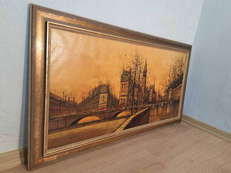 Obraz olejny na płótnie sygnowany Antonio Ninetti miasto ulica rzeka