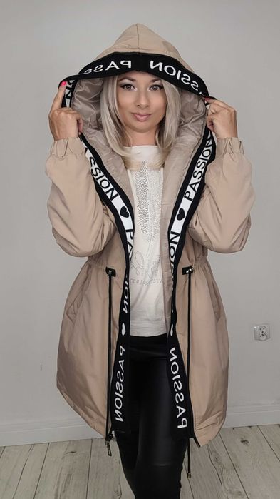 Kurtka parka rozmiary XS - 7XL kaptur ocieplana BEŻ lamówka beżowa M