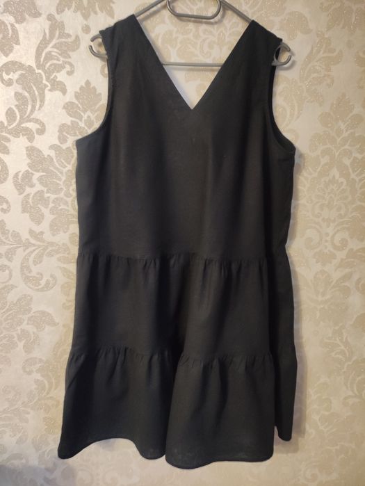 Letnia czarna lniana sukienka trapezowa XL