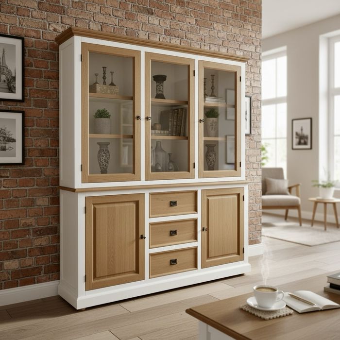 DREWNIANA witryna DĘBOWA kredens biały cottage rustykalny duży